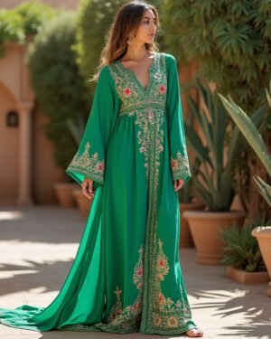 💚 Elegant Green Embroidered Kaftan – A Blend of Tradition and Modern Style 💚