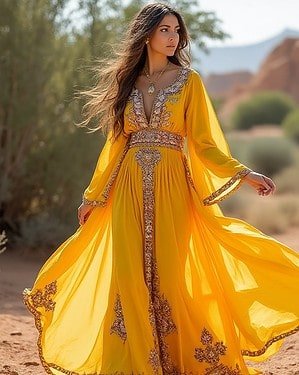 🌟 Embroidered Yellow Kaftan Dress – Effortless Elegance & Style 🌟
