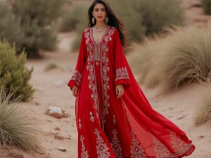 🌹 Embroidered Red Kaftan Dress – Elegance in Every Stitch 🌹