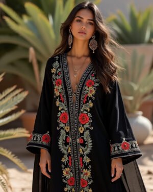 🖤 Elegant Black Floral Embroidered Kaftan – Grace & Sophistication 🖤