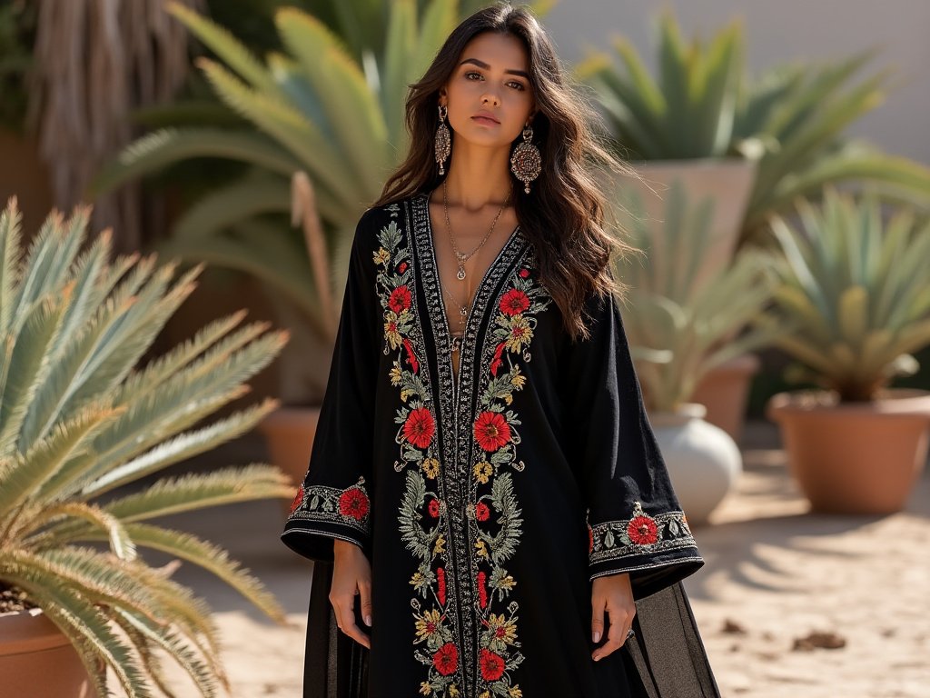 🖤 Elegant Black Floral Embroidered Kaftan – Grace & Sophistication 🖤