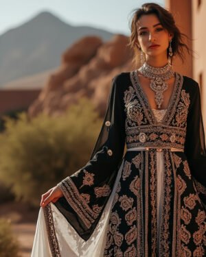🖤 Black & Silver Moroccan Kaftan – Timeless Elegance with a Touch of Royalty 🖤