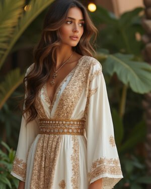 🌟 Ivory & Gold Moroccan Kaftan – Pure Elegance with a Royal Touch 🌟